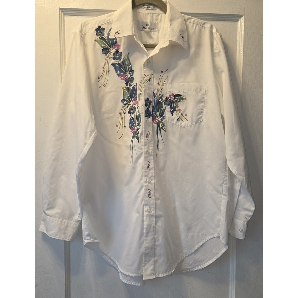 Vintage 70's Omni II LTD Long Sleeve UNISEX Button Up HANDPAINTED  Shirt. 14.5